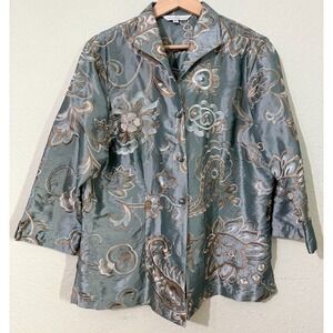 Connie Roberson Floral Brocade Jacket Metallic Gray Taupe Poly Silk USA Large